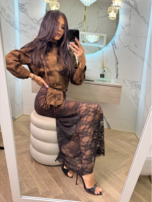 Spódnica maxi koronkowa DIVA brązowa 17