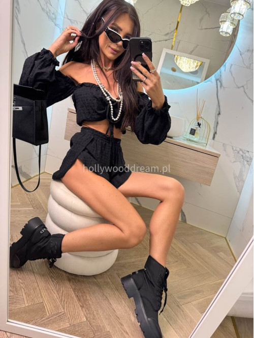 Komplet ażurowy top hiszpanka z ściągaczem+ spodenki 100% bawełna GLORIS czarny 169 - photo #15