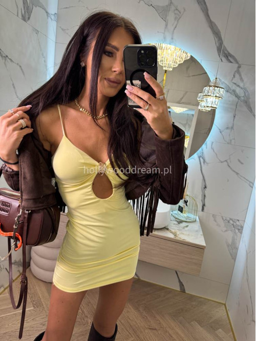 Sukienka mini na ramiączka z ozdobą na dekolcie LARA pastelowy żółty 19 - photo #7