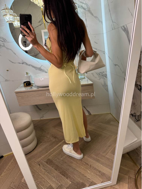Sukienka z wycięciem i wiązaniem w talii JAGODA pastelowo żółta 17,19 - photo #10