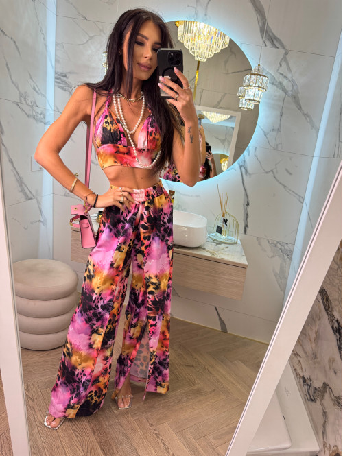 Komplet bawełniany top wiązany+spodnie z wysokim rozporkiem OFELIA animal print+fiolet 163