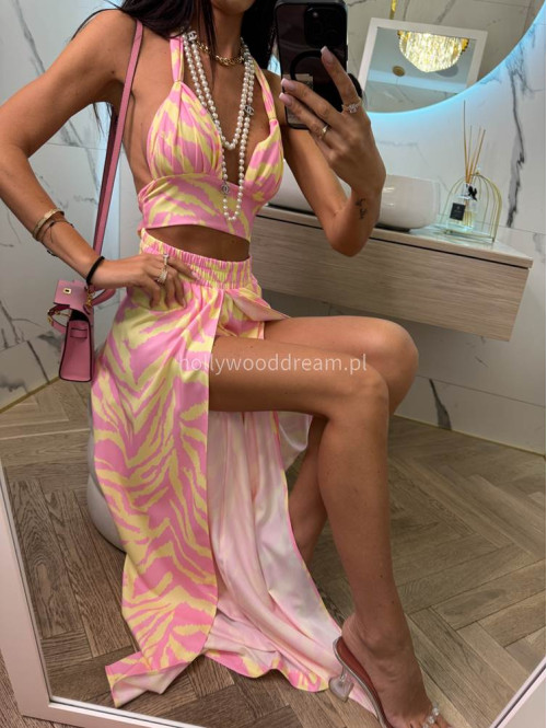 Komplet bawełniany top wiązany+spodnie z wysokim rozporkiem OFELIA zebra żółto różowa 163 - photo #6