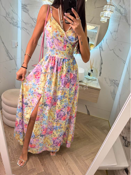 Sukienka maxi z wiązanym tyłem w print kwiatów Eliena żółta 19 - photo #5
