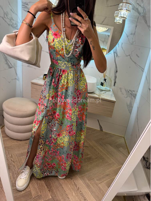 Sukienka maxi z wiązanym tyłem w print kwiatów Eliena pistacjowa 19 - photo #7