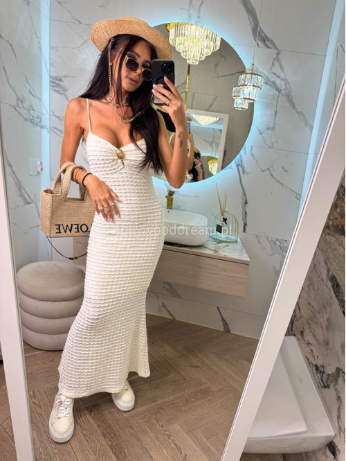 Sukienka maxi boho na ramiączkach z złotą ozdobą MARITA kremowa 09 - photo #1