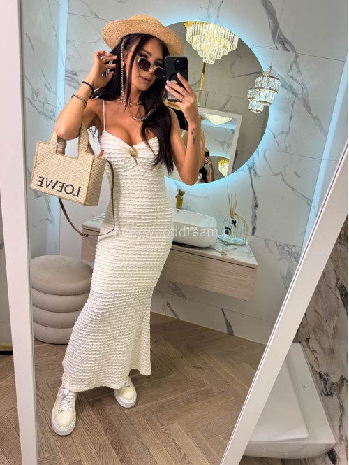 Sukienka maxi boho na ramiączkach z złotą ozdobą MARITA kremowa 09 - photo #3