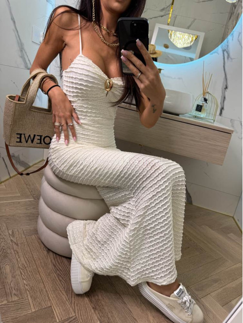 Sukienka maxi boho na ramiączkach z złotą ozdobą MARITA kremowa 09 - photo #13