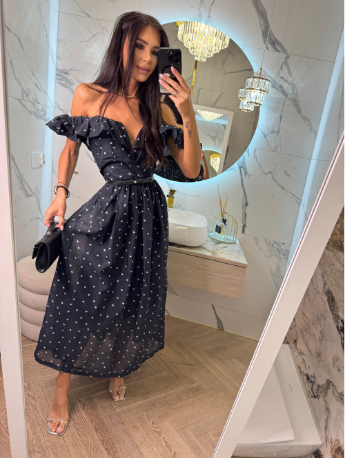 Sukienka maxi rozkloszowana w print serc z bawełną+ pasek LOVELY czarna 36