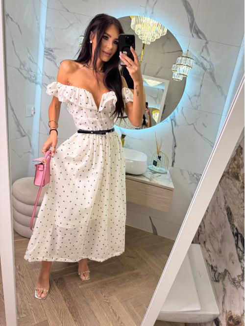 Sukienka maxi rozkloszowana w print serc z bawełną+ pasek LOVELY kremowa 36