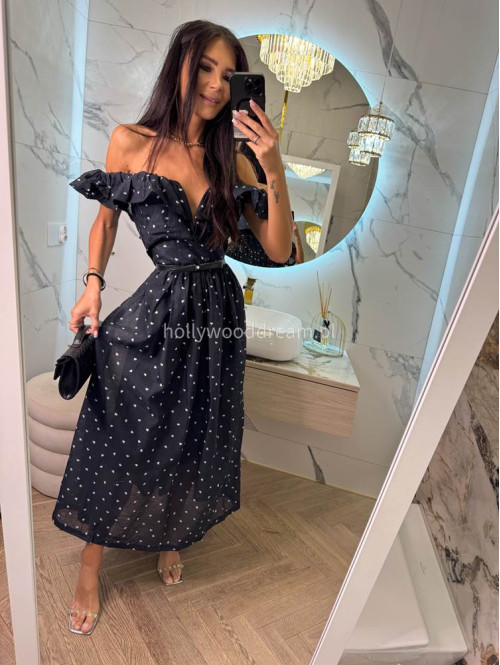 Sukienka maxi rozkloszowana w print serc z bawełną+ pasek LOVELY czarna 36 - photo #11