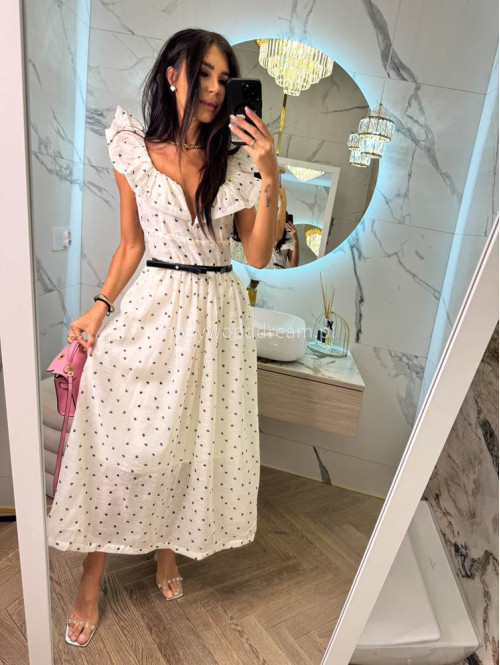 Sukienka maxi rozkloszowana w print serc z bawełną+ pasek LOVELY kremowa 36 - photo #1