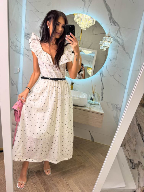 Sukienka maxi rozkloszowana w print serc z bawełną+ pasek LOVELY kremowa 36 - photo #2