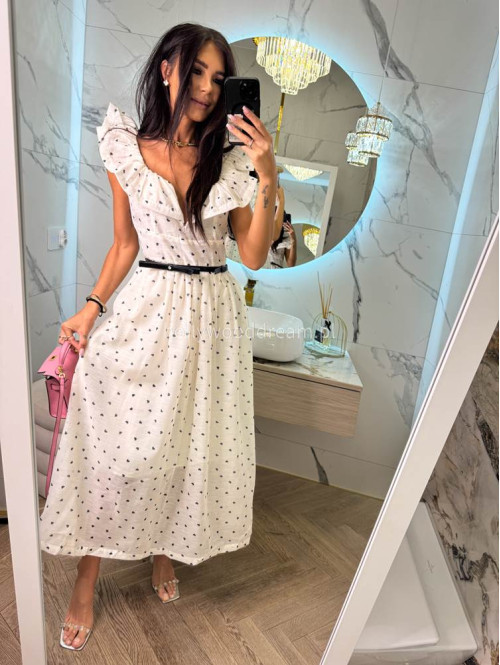 Sukienka maxi rozkloszowana w print serc z bawełną+ pasek LOVELY kremowa 36 - photo #3