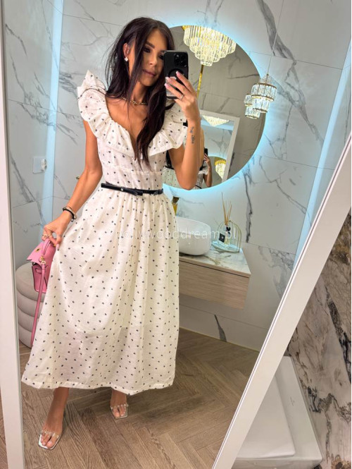 Sukienka maxi rozkloszowana w print serc z bawełną+ pasek LOVELY kremowa 36 - photo #4
