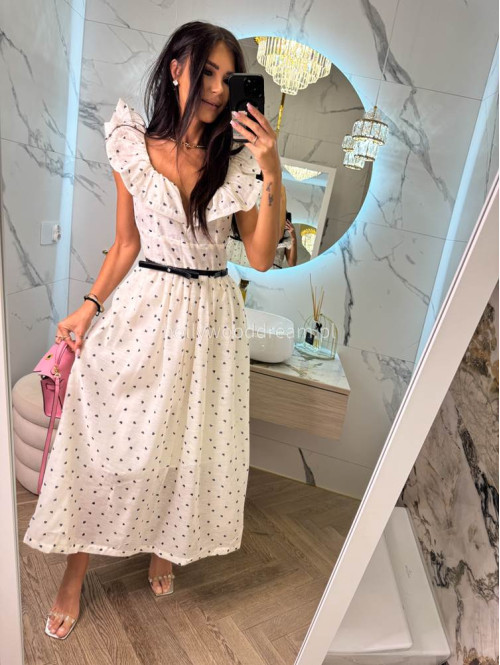 Sukienka maxi rozkloszowana w print serc z bawełną+ pasek LOVELY kremowa 36 - photo #6