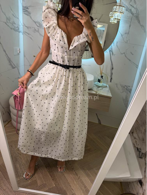 Sukienka maxi rozkloszowana w print serc z bawełną+ pasek LOVELY kremowa 36 - photo #10