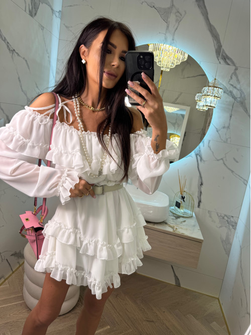 Sukienka mini z wycięciami na ramiona i falbanami ANGEL biała 39