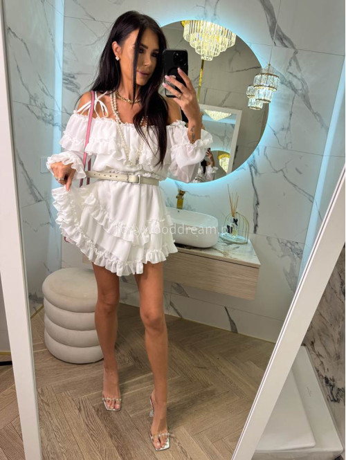 Sukienka mini z wycięciami na ramiona i falbanami ANGEL biała 39 - photo #2