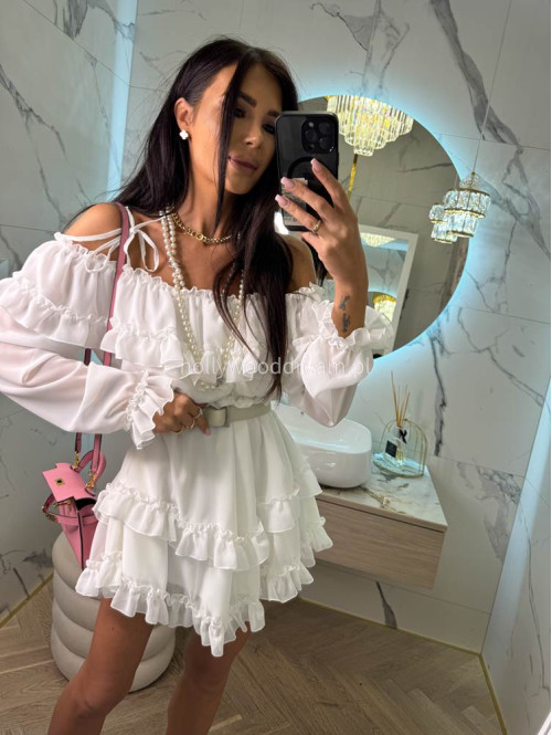 Sukienka mini z wycięciami na ramiona i falbanami ANGEL biała 39 - photo #4