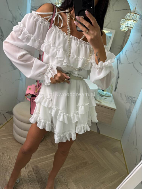 Sukienka mini z wycięciami na ramiona i falbanami ANGEL biała 39 - photo #6