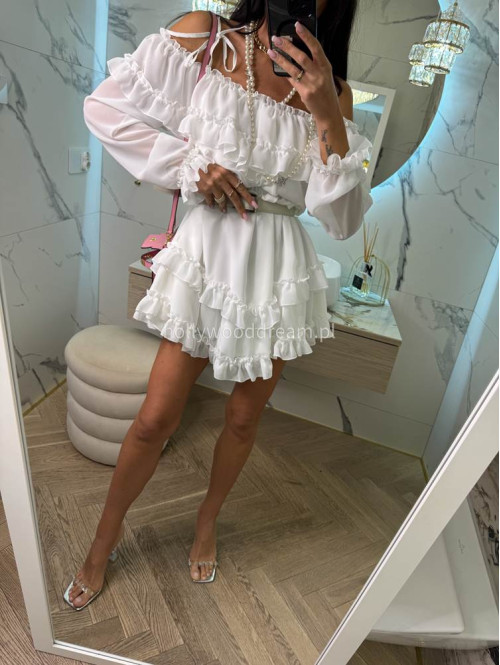 Sukienka mini z wycięciami na ramiona i falbanami ANGEL biała 39 - photo #7