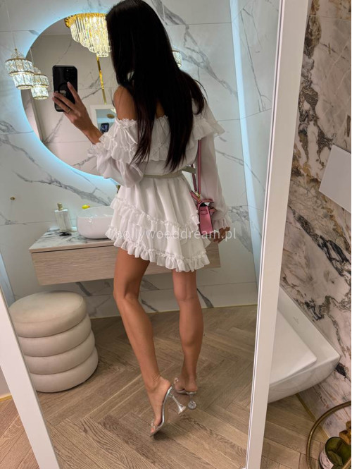 Sukienka mini z wycięciami na ramiona i falbanami ANGEL biała 39 - photo #10