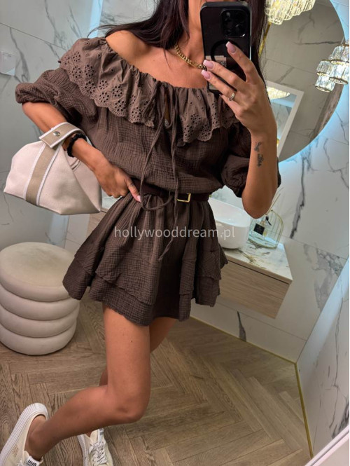 Sukienka muślinowa z ażurowym kołnierzem 100% bawełna ALEKSANDRA czekoladowa 02 - photo #8