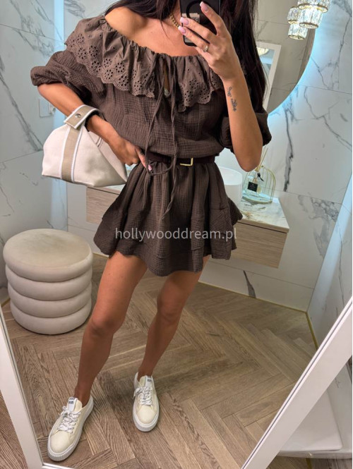 Sukienka muślinowa z ażurowym kołnierzem 100% bawełna ALEKSANDRA czekoladowa 02 - photo #9