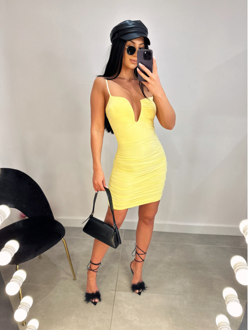 Sukienka mini drapowana z wycięciem na dekolcie Olivia żółta 19 - photo #16