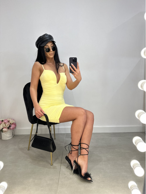 Sukienka mini drapowana z wycięciem na dekolcie Olivia żółta 19 - photo #22