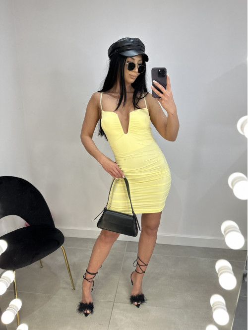 Sukienka mini drapowana z wycięciem na dekolcie Olivia żółta 19 - photo #29