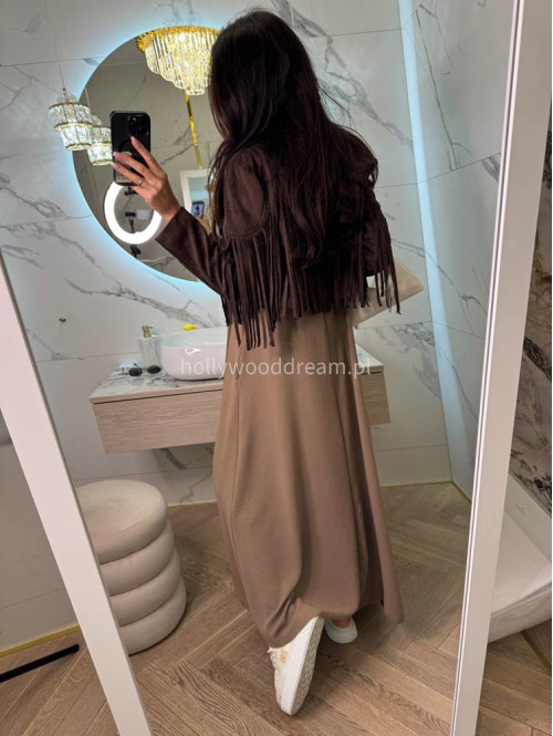 Sukienka maxi luźna z drapowaniem na ramieniu OTYLIA beżowa 19 - photo #8