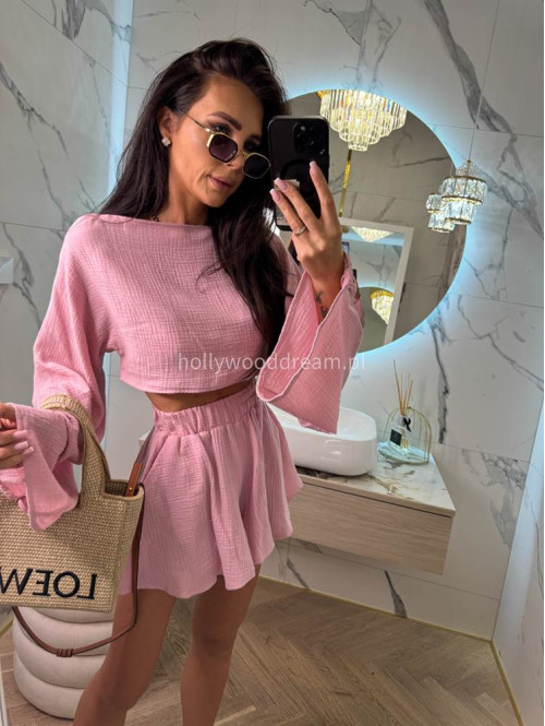 Komplet muślinowy top z szerokimi rękawami+spodenki MODEST różowy 173 - photo #15