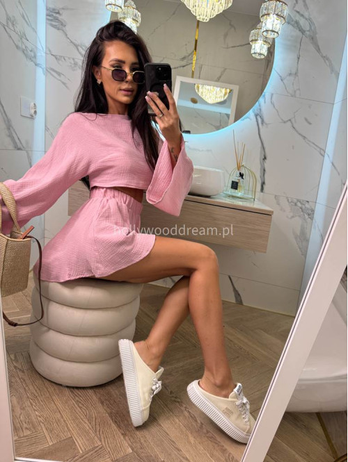 Komplet muślinowy top z szerokimi rękawami+spodenki MODEST różowy 173 - photo #18