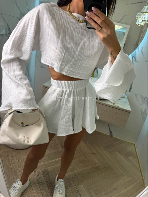 Komplet muślinowy top z szerokimi rękawami+spodenki MODEST biały 173 - photo #12