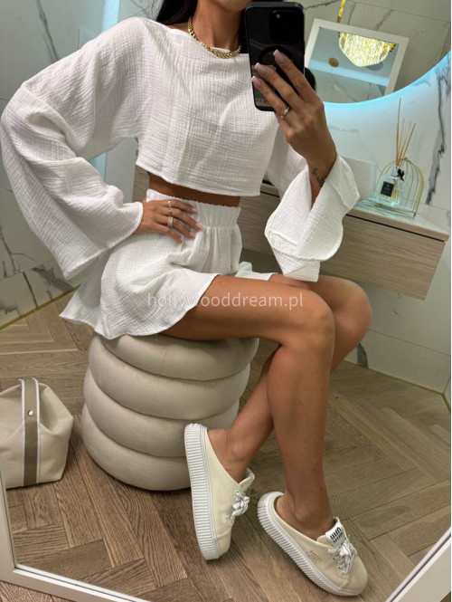 Komplet muślinowy top z szerokimi rękawami+spodenki MODEST biały 173 - photo #18
