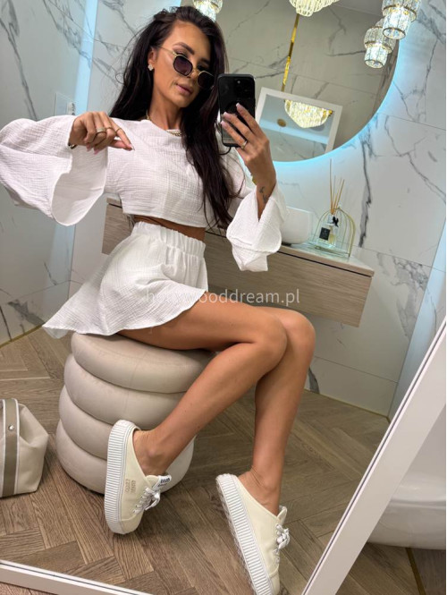 Komplet muślinowy top z szerokimi rękawami+spodenki MODEST biały 173 - photo #19