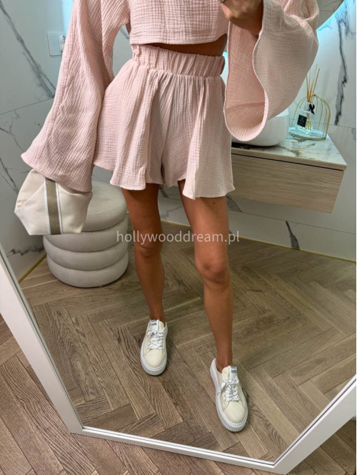 Komplet muślinowy top z szerokimi rękawami+spodenki MODEST blady róż 173 - photo #9