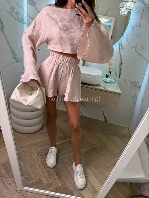 Komplet muślinowy top z szerokimi rękawami+spodenki MODEST blady róż 173 - photo #10