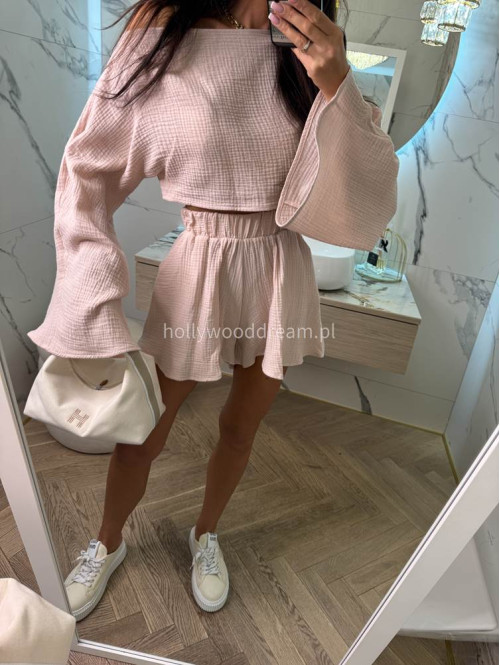 Komplet muślinowy top z szerokimi rękawami+spodenki MODEST blady róż 173 - photo #15