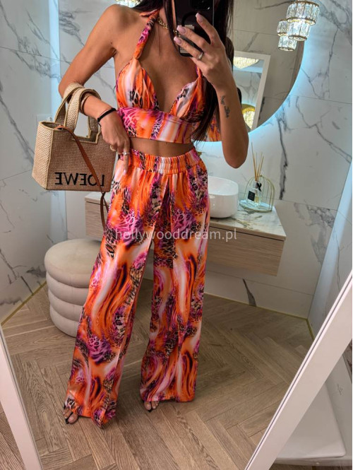 Komplet bawełniany top wiązany+spodnie z wysokim rozporkiem OFELIA animal print + pomarańczowy 163 - photo #10