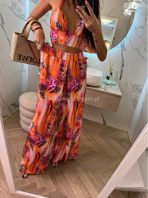 Komplet bawełniany top wiązany+spodnie z wysokim rozporkiem OFELIA animal print + pomarańczowy 163 - photo #15