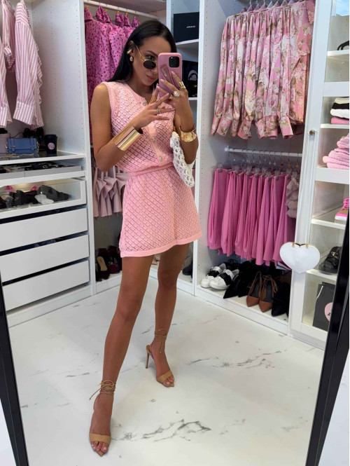 Komplet ażurowy bluzka na guziki+ spódnica mini z bawełną VALENTINA różowy 25 - photo #5