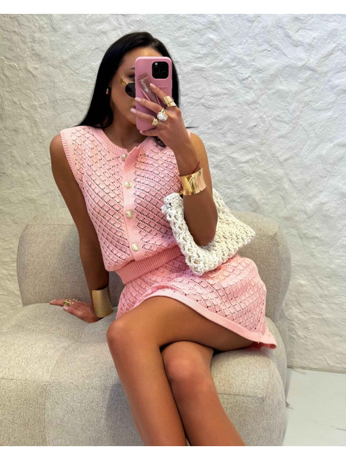 Komplet ażurowy bluzka na guziki+ spódnica mini z bawełną VALENTINA różowy 25 - photo #1