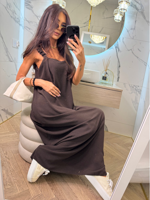 Sukienka maxi luźna z drapowaniem na ramieniu OTYLIA czekoladowa 19 - photo #1