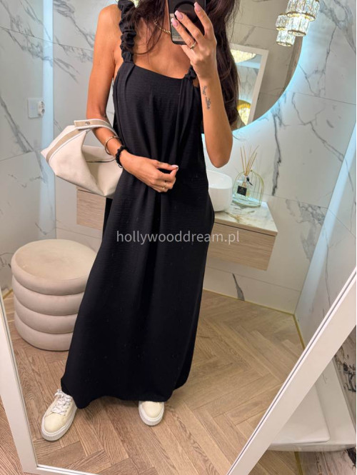 Sukienka maxi luźna z drapowaniem na ramieniu OTYLIA czarna 19 - photo #9