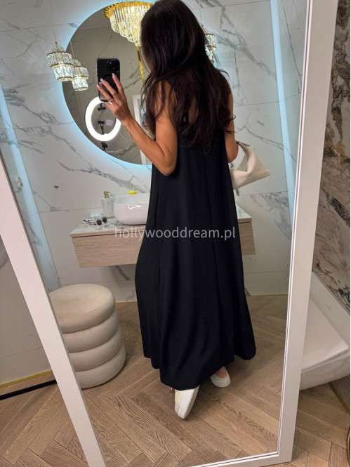 Sukienka maxi luźna z drapowaniem na ramieniu OTYLIA czarna 19 - photo #11