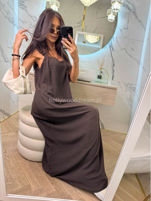 Sukienka maxi luźna z drapowaniem na ramieniu OTYLIA czekoladowa 19 - photo #10