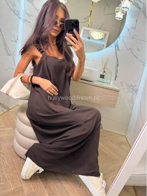 Sukienka maxi luźna z drapowaniem na ramieniu OTYLIA czekoladowa 19 - photo #11
