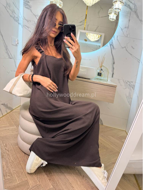 Sukienka maxi luźna z drapowaniem na ramieniu OTYLIA czekoladowa 19 - photo #12